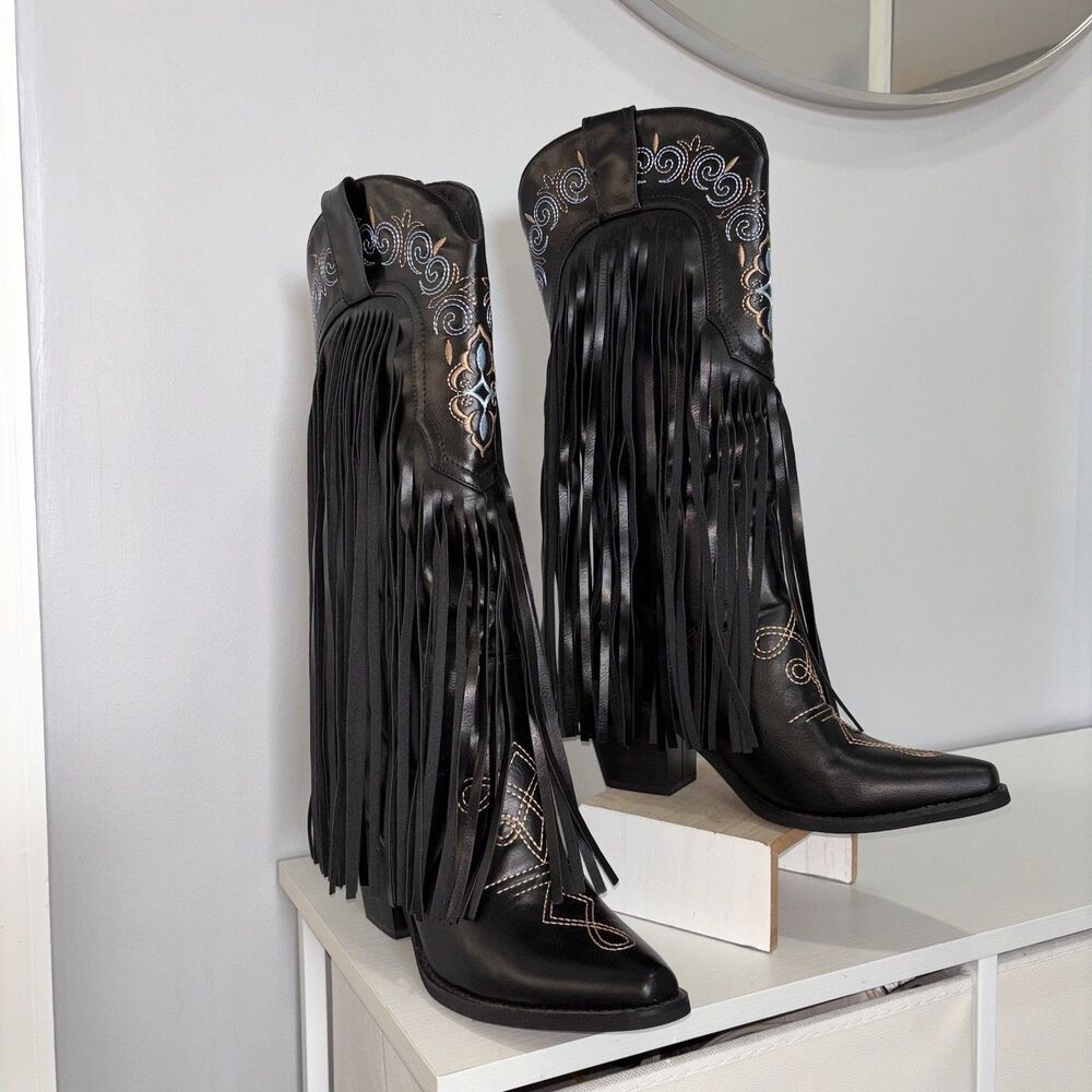 Women's 7.5 Black Western Boots Rock Country Fringe Festival Stagecoach Style